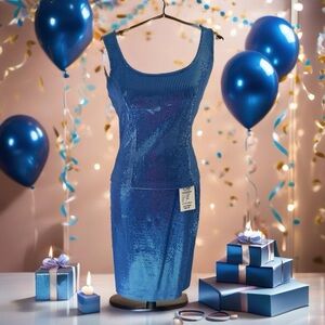 St John Metallic Azure Blue Knit 2 piece Suit top size 0 Skirt Size 2